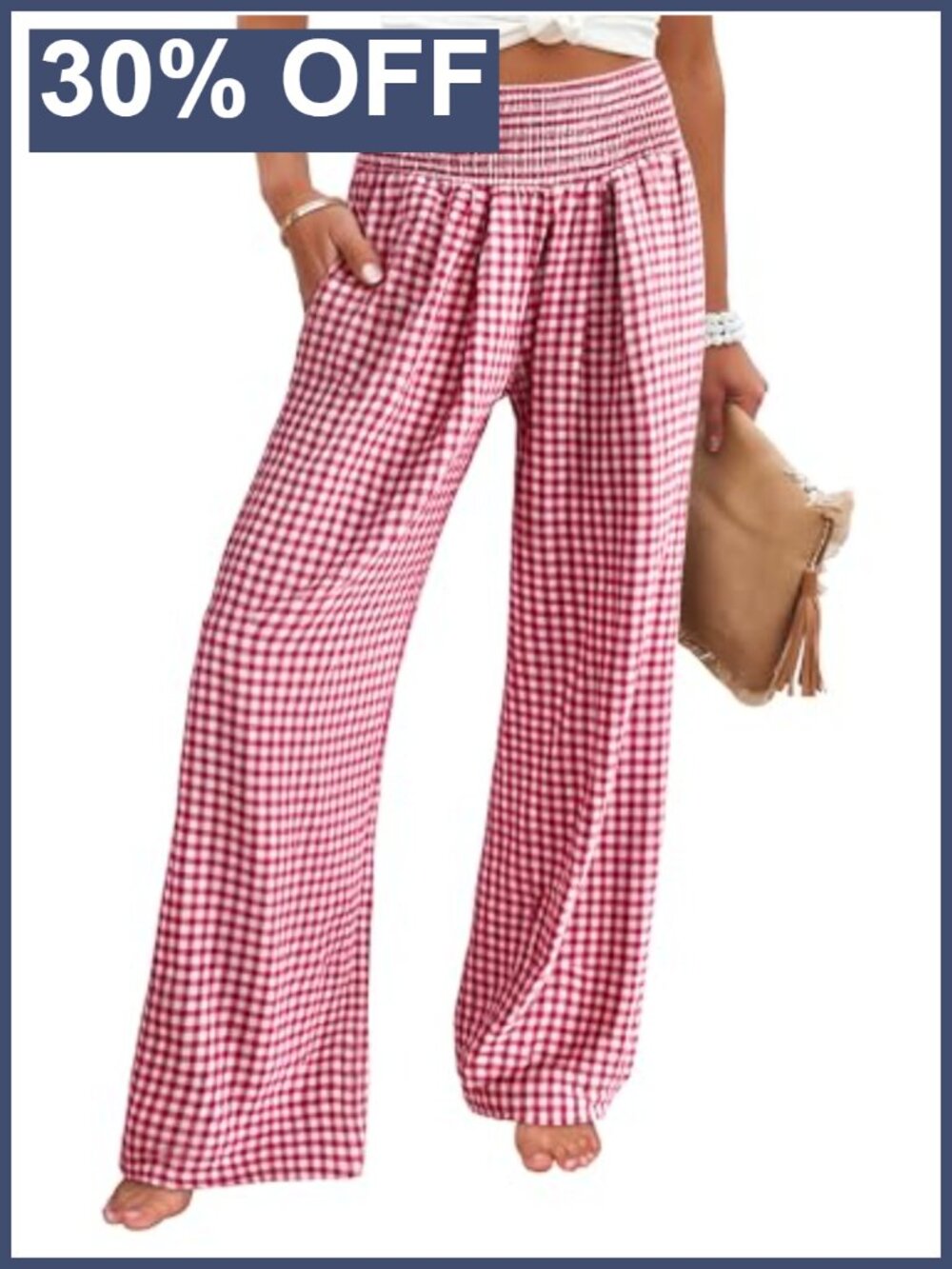 Women's Striped Gingham Wide Leg Palazzo Pants with Pockets High Rise